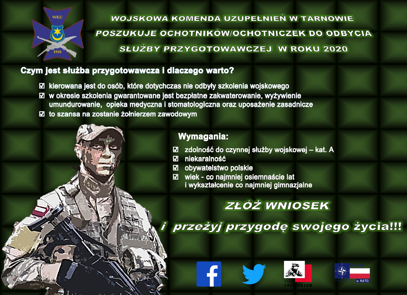 WKU w Tarnowie poszukuje ochotnik&oacute;w i ochotniczek do odbycia służby przygotowawczej w roku 2020