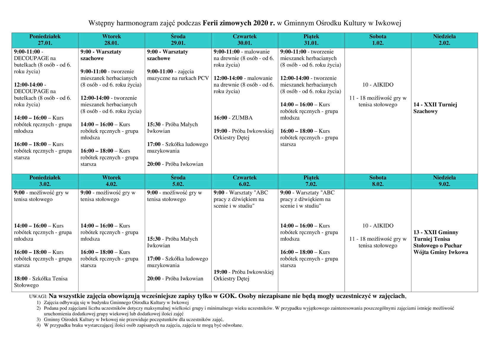 ferie w gminie Iwkowa - harmonogram
