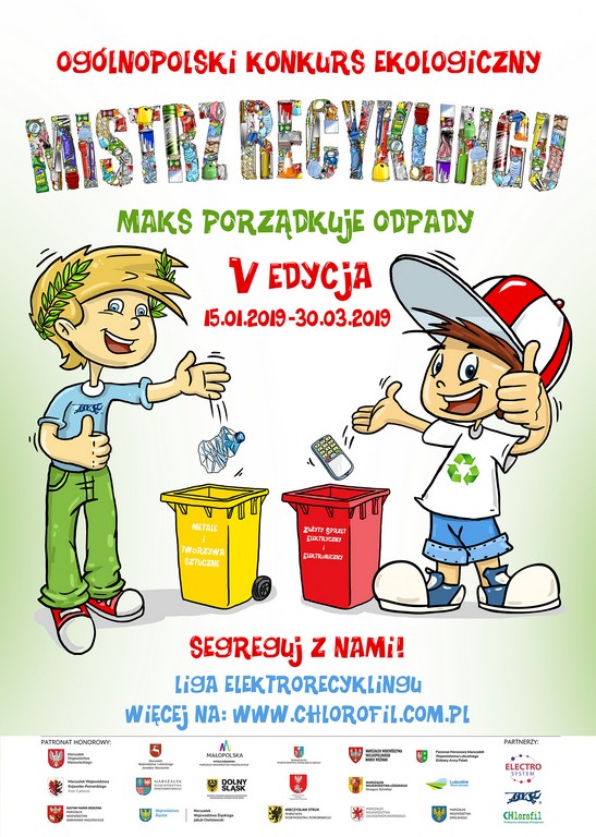 plakat promujący konkurs ekologiczny Mistrz Recyklingu Maks porządkuje odpady